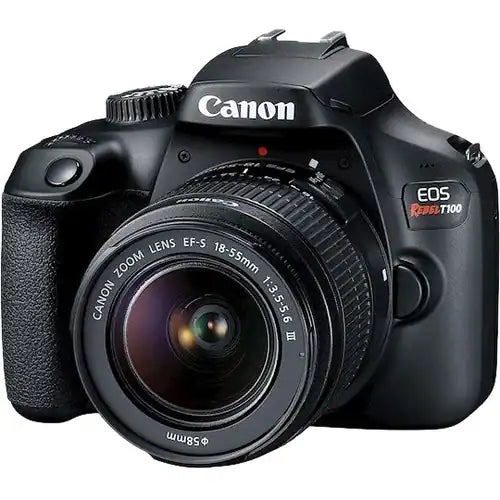Cámara digital SLR con objetivo Canon EOS Rebel T100 - 18Megapíxel - 18mm-55mm - Enfoque Automático - 6.9cm (2.7")LCD - SLR Viewfinder - 3.1x Zoom Óptico - Óptico (IS) - 5184 x 3456 Imagen - 1920 x 1080 Vídeo - Modo Película HD - LAN inalámbrica