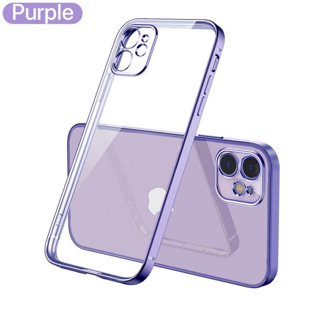 Funda transparente de silicona con marco cuadrado chapado de lujo para iPhone 11 12 13 Pro Max Mini X XR funda trasera transparente