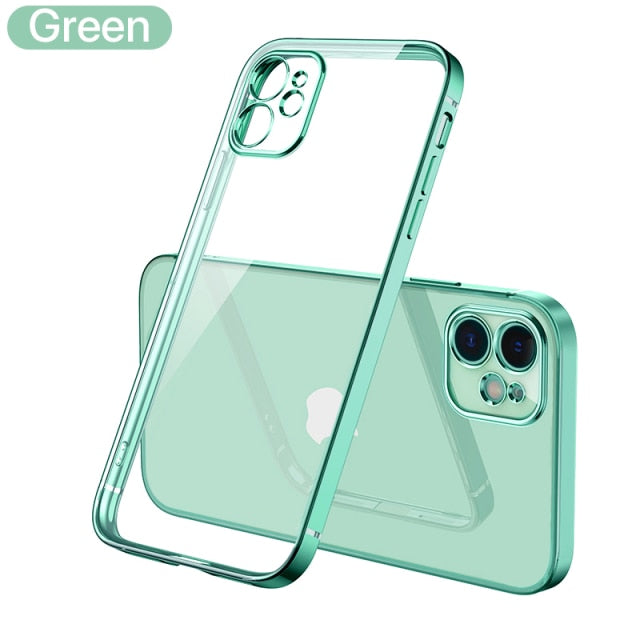 Funda transparente de silicona con marco cuadrado chapado de lujo para iPhone 11 12 13 Pro Max Mini X XR funda trasera transparente