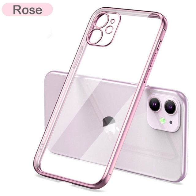 Funda transparente de silicona con marco cuadrado chapado de lujo para iPhone 11 12 13 Pro Max Mini X XR funda trasera transparente