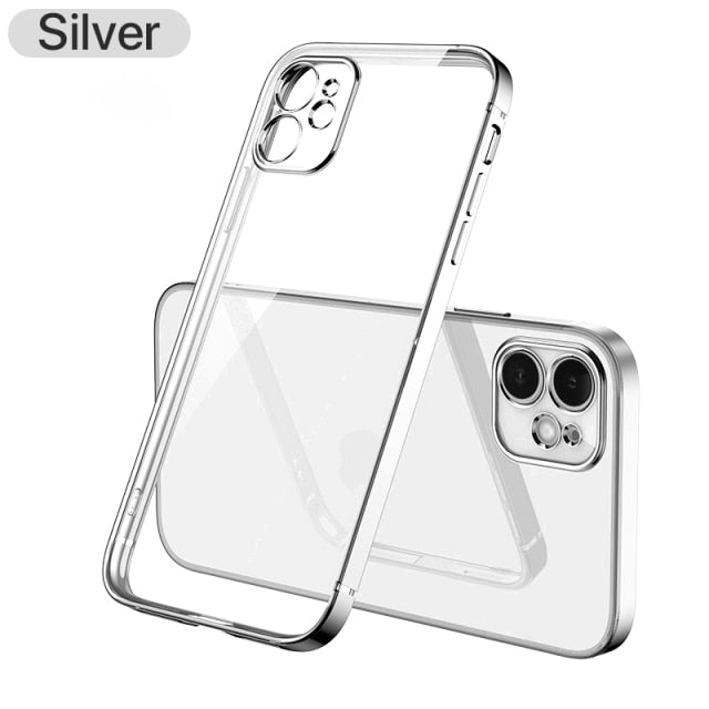 Funda transparente de silicona con marco cuadrado chapado de lujo para iPhone 11 12 13 Pro Max Mini X XR funda trasera transparente